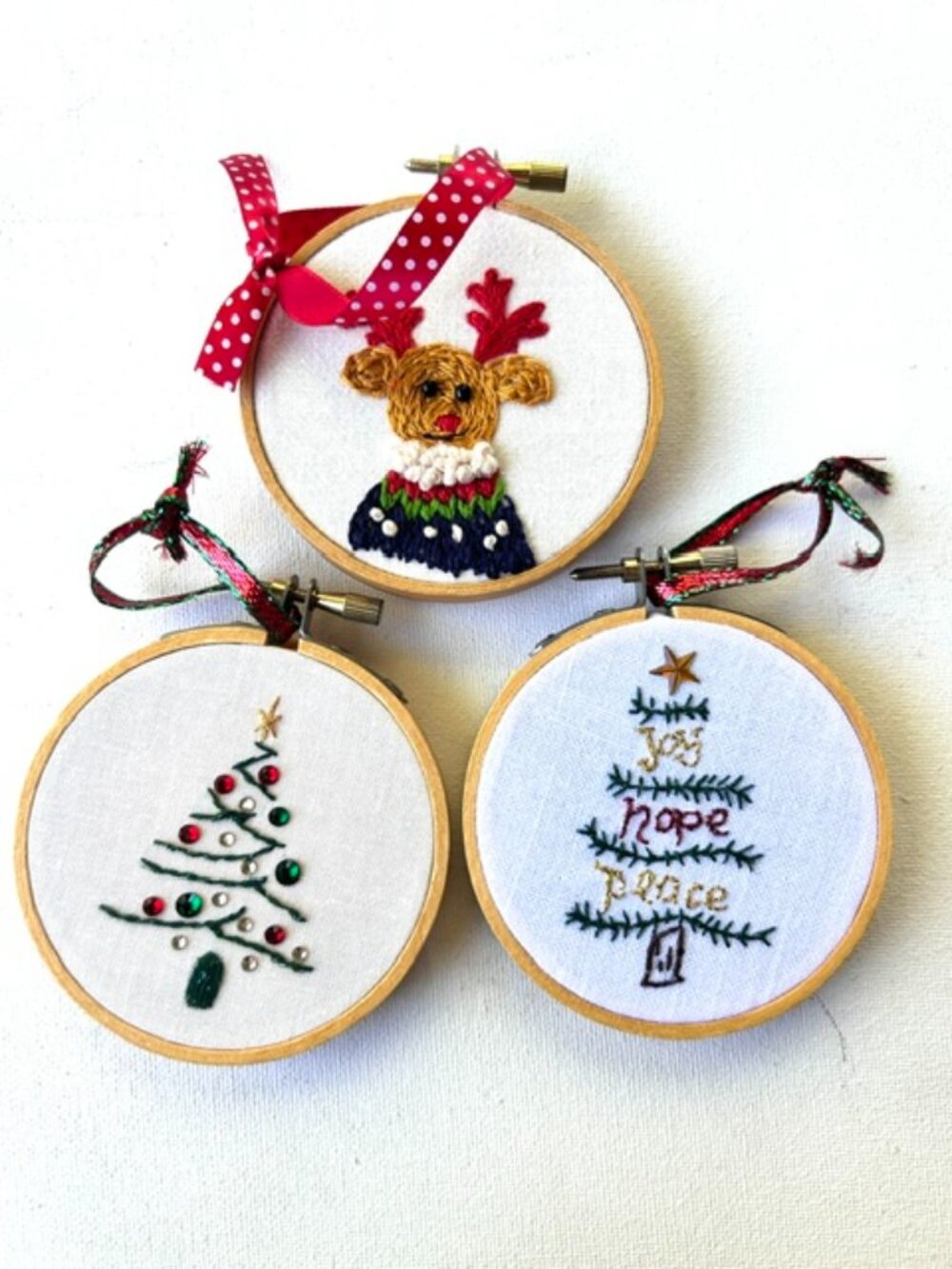 Set of 3 Hand Embroidered Christmas Ornaments | 3" Mini Hoops | Handmade Holiday